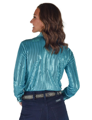 Cowgirl Tuff Womens Pulloever Button Up Aqua Shiny