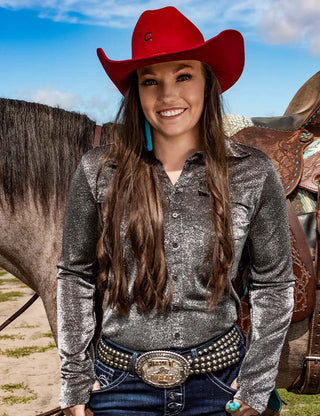 Cowgirl Tuff Womens Pullover Button Up Silver Shimmer