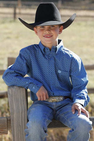 Cinch Boy's Geometric Print Button Down Western L/S Shirt - Royal